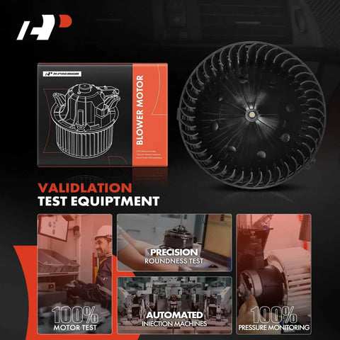Front HVAC Blower Motor With Brushless Design For Chevy Silverado Tahoe Suburban GMC Sierra Yukon Escalade Cadillac SUVs 2014 2019 Replacement Part Fits 1500 1500 LD 2500 3500 HD shown with packaging and testing process images.
