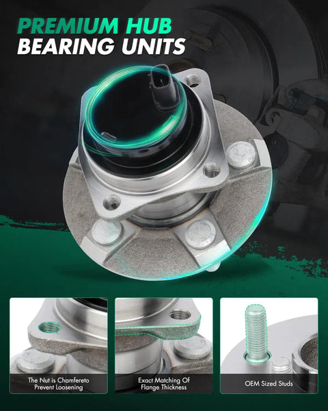 Close-up of Two Rear Wheel Bearing And Hub Assembly Set For 2003 To 2008 Pontiac Vibe Toyota Corolla And Matrix And 2004 To 2009 Prius With ABS
