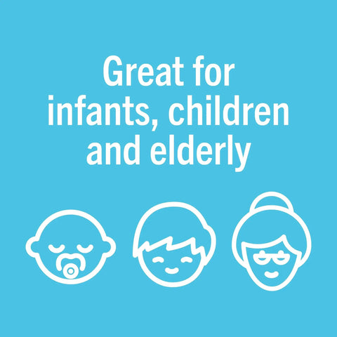 Icons of a baby, child, and elderly person with text "Great for infants, children and elderly" on a blue background.