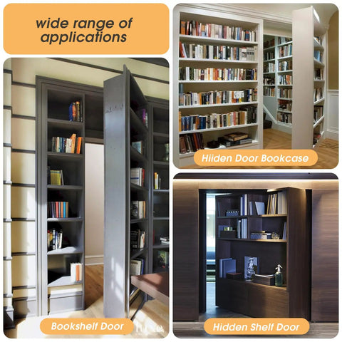 Beefed Up Heavy Duty Pivot Hinge Kit For Hidden Doors And Bookcase Doors 180 Degree And 360 Degree Rotation 300 Lb Load Capacity Stainless Steel 304 Anti Rust Invisible Hardware For Swinging And Sliding Doors installed in hidden bookcase and shelf doors.