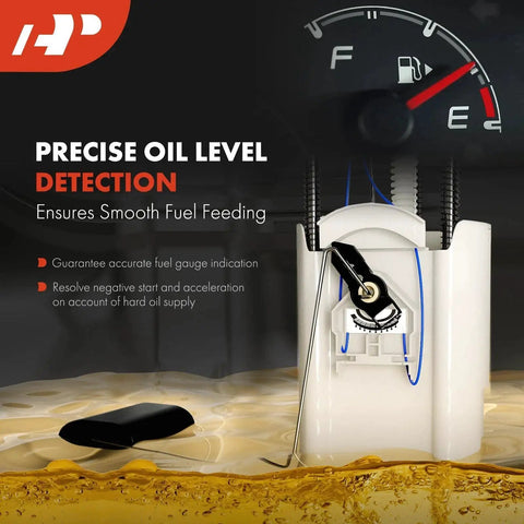 Front view of A-Premium electric fuel pump module with pressure sensor in white housing; blue wiring visible.