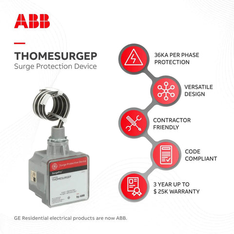 SurgePro protective device externally mounted wired Type 1 SPD for residential service entrance, ABB brand, diagram highlights features.