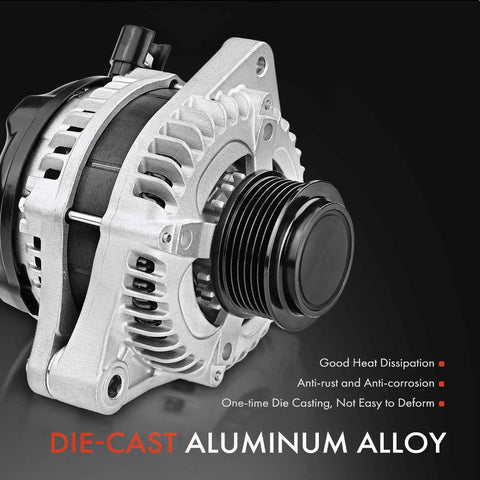 Premium 130 Amp 12V Alternator For Honda Odyssey 2011 To 2013 Pilot 2012 To 2015 Ridgeline 2012 To 2014 V6 3.5L With 6 Groove CW Pulley Direct Fit Replacement 31100 RV0 A01 New showing die-cast aluminum alloy construction.