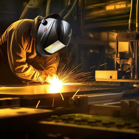Worker using Large Viewing Laser Welding Helmet With OD8 Plus Eye Protection For 190nm-450nm And 900nm-1100nm Wavelengths