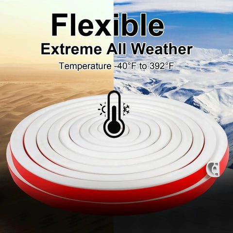 New Upgrade 19.7 Ft Silicone Door Weather Stripping Seal For Doors And Windows With Self Adhesive Multilayer Soundproof Chamber Design That Seals Large Gaps Cuts To Fit Easy To Install Durable Silicone Door Seal Strip in roll showing temperature range for extreme weather.