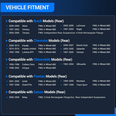 Compatibility chart for Two Pack Rear Wheel Hub And Bearing Assembly For Front Wheel Drive Impala Regal Grand Prix LaCrosse Century