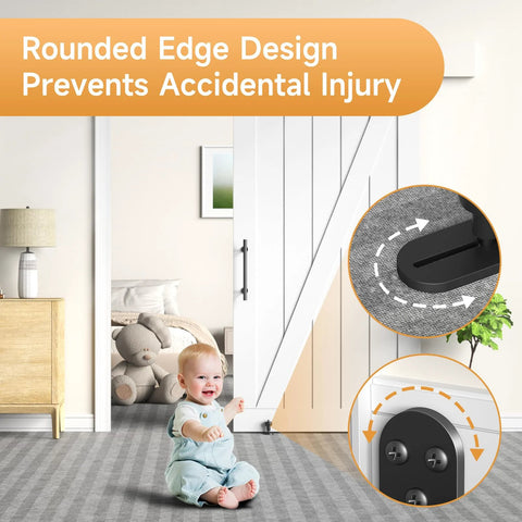 Four Piece Sliding Barn Door Floor Guide Set With Adjustable Rollers installed on door, shown with safety rounded edge design