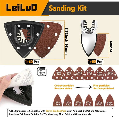 158-Piece Oscillating Tool Blade Kit With Sandpaper And Storage Bag For Quick Cuts And Smooth Sanding, showing 93mm and 40mm blades with sandpaper