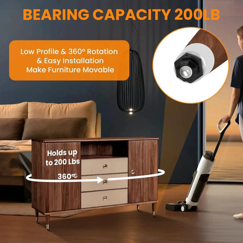 8 Pack Ball Bearing Rollers With 360 Degree Rotation Universal Ball Casters Self Adhesive Mini Caster Wheels Supports Up To 330 Pounds For Trash Cans Storage Boxes Small Furniture Black installed on a wooden cabinet.