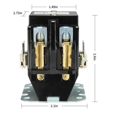 Heavy Duty 40 Amp 24V AC Contactor For Air Conditioner Two Pole Definite Purpose NO Coil With Silver Alloy Contacts And Heavy Lug Terminals For HVAC Up To 600 VAC, shown from front with dimensions