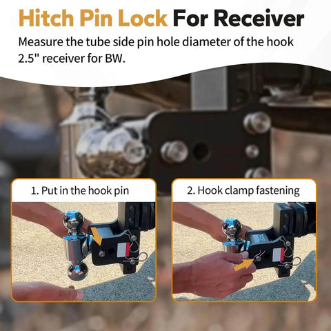 Heavy Duty Stainless Steel Trailer Hitch Pin Set For 2 Inch And 2.5 Inch Receivers With Clip demonstrated on vehicle hitch