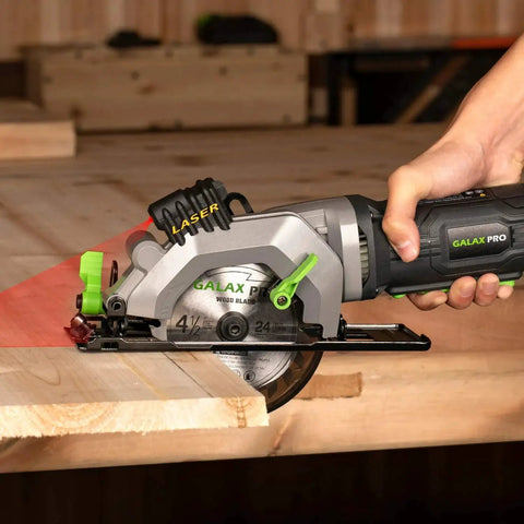 Powerful 4 Amp 3500 RPM Circular Saw With Laser Guide For Clean, Precise Cuts on wood, visible 4-1/2 In 24T blade in use
