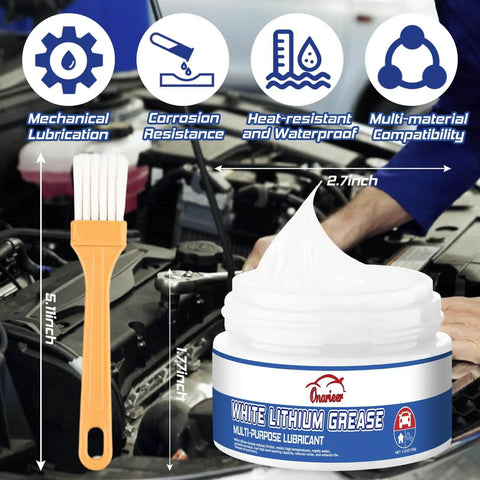 White Lithium Grease Go To Multi Purpose Lubricant With Built In Brush For Metal To Metal Hinges Gears Bearings And Chains Ideal For Automotive Marine And Industrial Use 3.5oz Long Lasting Protection And Smooth Operation in a jar with a built-in brush next to an engine.