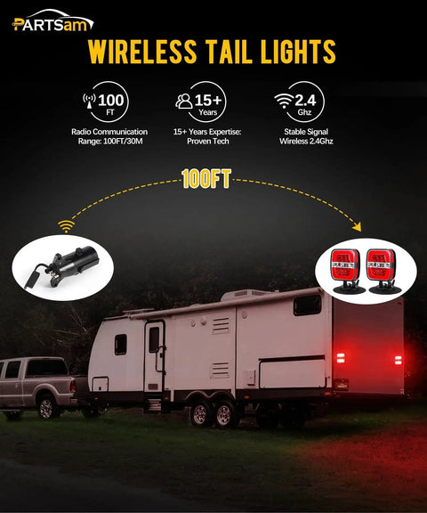Wireless Magnetic Trailer Light Kit With 26 LEDs For Tow Trucks And Trailers, Portable LED Tail Stop Turn And Backup Lights, IP67 Waterproof 12 To 24V, 7 Pin Plug, Strong Metal Mounts displayed on tow vehicle at night
