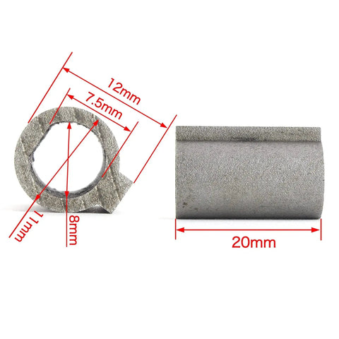 8mm To 11mm Shaft Sleeve Bore Adapter For Stepper Motors And Worm Gear Reducers, 0.31 Inch To 0.43 Inch Bore, 20mm Long Steel Turbine Reducer Sleeve, front and side view with dimensions