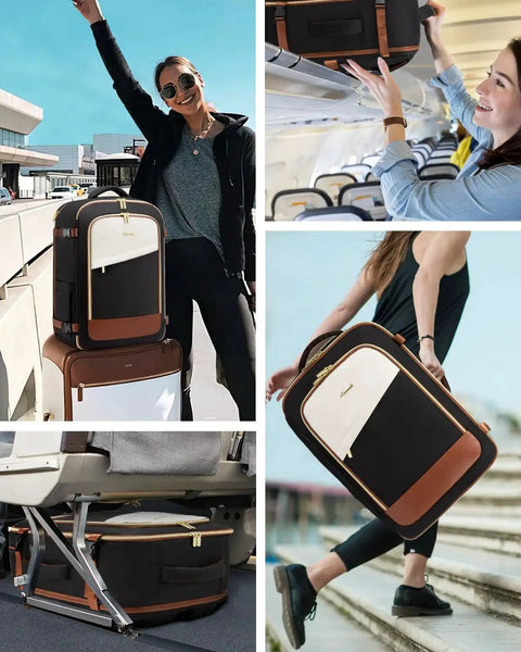 Airline Ready Luggage Set With Rolling Suitcases And 40L Laptop Backpack LoveVOOK 5 Piece Carry On Luggage Set shown in travel use.