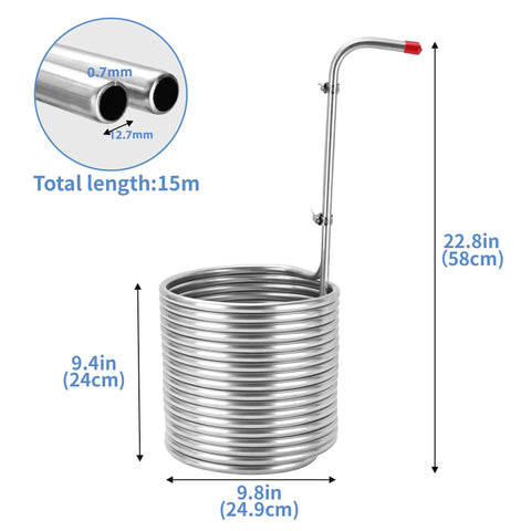 BACOENG 1/2 in x 50 ft stainless wort chiller coil for immersion cooling, vertical feed tube with red cap