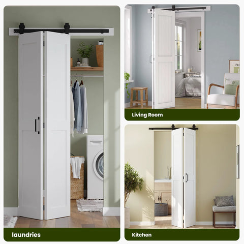 Space Saving Bi Fold Barn Door Kit 64 by 84 Inches White With Hardware Included Sliding Closet Doors installed views