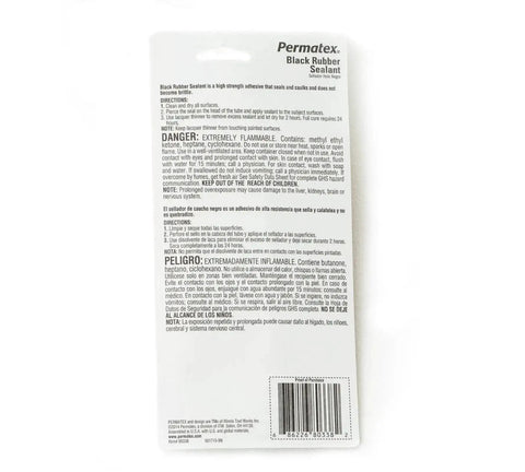 Back view of packaging for Black Rubber Sealant Tube 1.5 Oz High-Strength Ready-To-Use Adhesive For Weather Stripping Sealing Doors