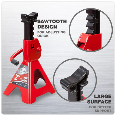Low Profile 2 Ton Jack Stands Set For Cars 2 Pack 9.8 To 15 Inch Lift Range showing features and sawtooth design