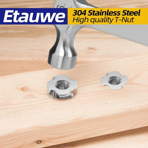 4 Pronged Tee Nuts 1/4-20 Stainless Steel 304 for wood installation with a hammer on wooden board