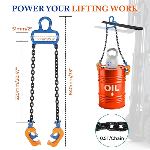 Upgraded Chain Drum Lifter For 30 And 55 Gallon Closed Drums With 1 Ton Capacity, Carbon Steel Lifting Chain shown lifting oil barrel