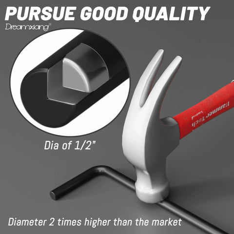 Close-up of Dreamxiang 12 Inch Heavy Duty Cane Bolt Gate Drop Rod showing 1/2" diameter, solid steel, and hammer demonstration.
