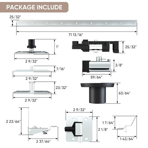 72 Inch Top Mounted Bifold Door Hardware Kit components with steel track, pivot sets, panel hinges, and guides for inside doors.