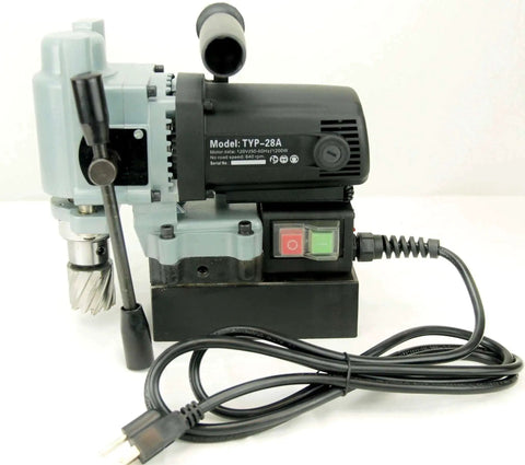 Side view of Typhoon Mini Magnetic Drill With Annular Cutter Capability For 110V 640 RPM Compact 7/16 To 1 1/2 Inch Hole Capacity And 2 Inch Depth Coffee Color Built For Real Metalwork BLUEROCK Tools.
