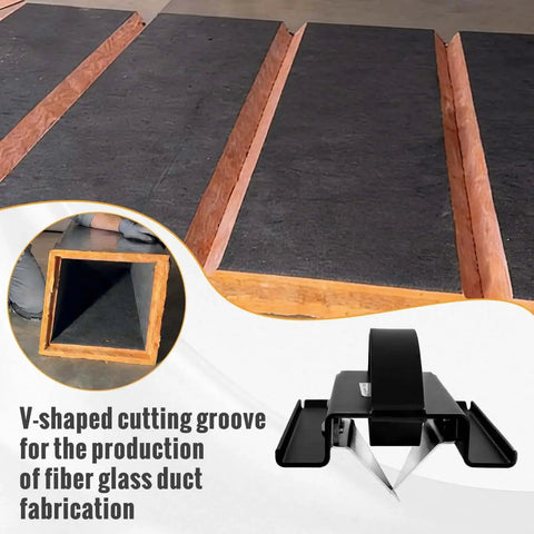 1 Inch V Groove Duct Board Cutter for HVAC Pros showing heavy duty steel sled frame and V groove cut in fiberglass duct board