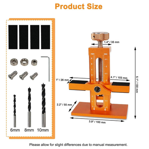3-In-1 Cabinet Door Mounting Jig With Adjustable Positioner, Base, And Three Drill Bits, Pro-Grade Aluminum Alloy Cabinet Hinge Installation Tool For Frameless And Face-Frame Cabinets, Works On Left Or Right Opening Doors, shown with dimensions and components.