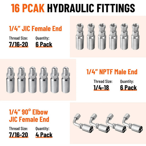 Hydraulic fittings set, 16 pieces: 1/4" JIC female ends (6), 1/4" NPTF male ends (6), 1/4" 90° JIC female elbows (4).