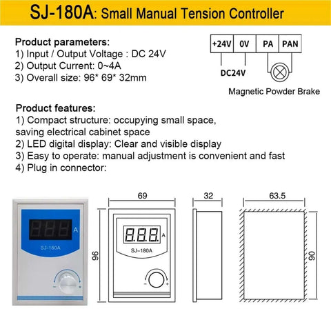 SJ-180A Small Manual Tension Controller front and side view with dimensions and features