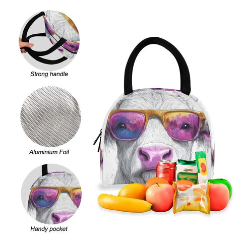 Dope Cow Print Sunglasses Portrait Backpack with insulated cooler lunch box detail showing strong handle and pocket