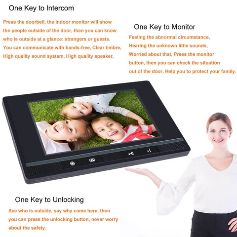 Video Doorbell Intercom System With 7 Inch Indoor Monitor showing family and text features for home security and easy door unlock