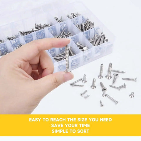 Hand selecting a screw from 542 Piece Stainless Steel Screw Kit With Phillips Flat Head Screws In Sizes Four Through Twelve For Woodworking And Metal Projects Including Self Tapping Screws Made From 304 Stainless Steel For Home DIY