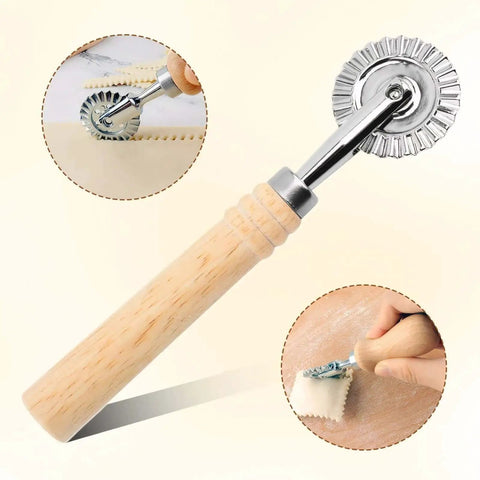 Fluted Pastry Wheel Cutter For Homemade Pasta And Ravioli, Durable Dough Cutter With Perforated Wooden Handle For Easy Crinkle Edges
