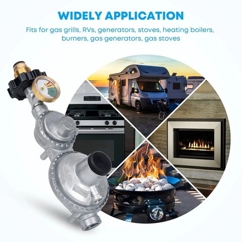 Two Stage Propane Regulator With Gauge For RVs Vans And Trailers, durable and secure fixed to propane tank, various appliance uses