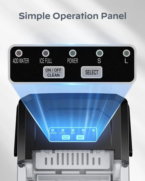 Control panel of Countertop Ice Maker Portable 9 Cubes In 6 Minutes Self Cleaning Basket And Scoop showing buttons and indicators.