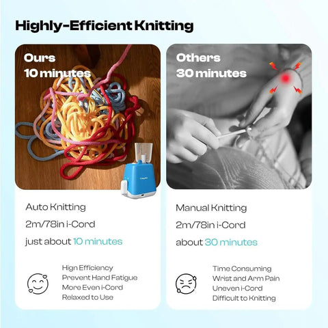 Comparison of Electric ICord Knitting Machine Automatic ICord Maker With Tension Control and manual knitting.
