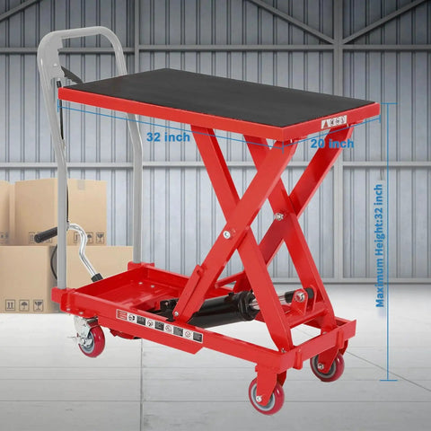 Heavy Duty Hydraulic Lift Table Cart 1100LB Capacity With 32 Inch Lift Height in red with casters in a workshop setting
