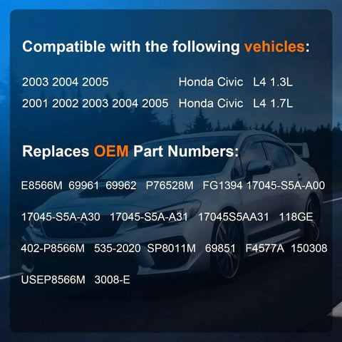 Compatibility and OEM part numbers for Honda Civic Fuel Pump Assembly With Sending Unit Direct Fit Replacement For 2001 To 2005 1.3L 1.7L 2.0L L4 In Tank Gas Pump Replaces OE 17045-S5A-A00 17045-S5A-A31