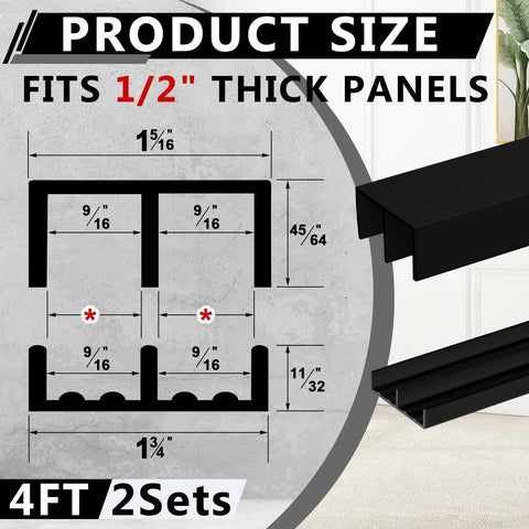 Two Sets Of Four Foot Plastic Sliding Door Track Hardware For One Half Inch Panel Doors Black Includes Upper And Lower Tracks Easy Quick Installation For Cabinet Closet And Glass Sliding Doors diagram showing dimensions.