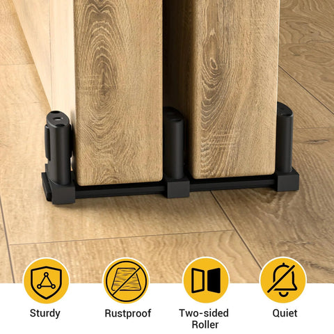 Adjustable Three Wheel Sliding Barn Door Floor Guide For Bypass Doors Black Finish shown installed with double sided pulley system