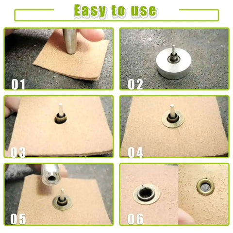 Step-by-step guide showing use of All In One Eyelet Grommet Kit With 240 Pcs 4mm 5/32 Inch Thickened Metal Eyelets on fabric