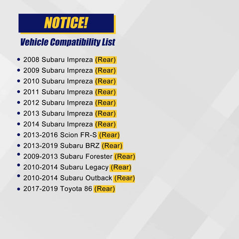 Vehicle compatibility list for 512401 Rear Wheel Bearing And Hub Assembly including Subaru Impreza, BRZ, WRX, Toyota 86.