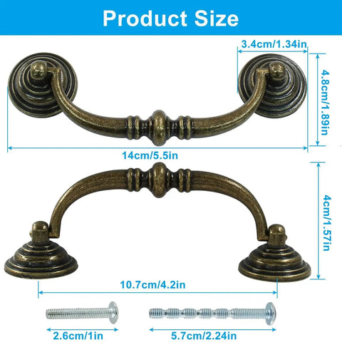 Product size diagram of Six Piece Antique Bail Drawer Pulls Set in Bronze 3.5 Inch Center Hole for cabinets and furniture.