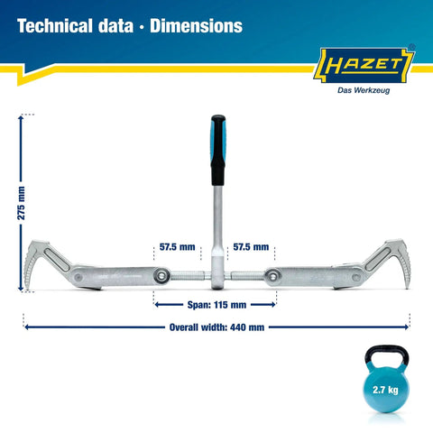 Front view of Hazet Beam Puller 1774-1 with measurements for clamping, pulling, and compressing timber.