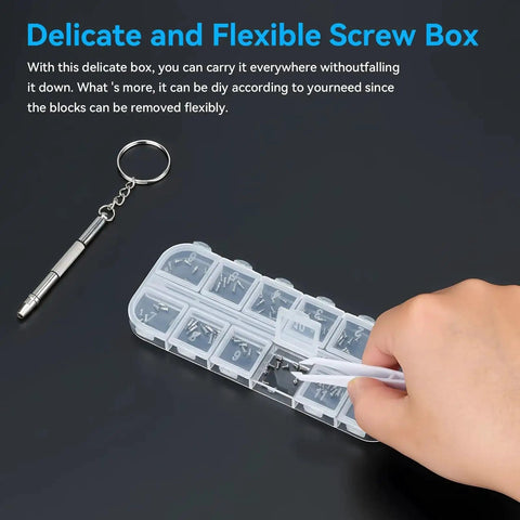 Eyeglass Repair Kit With 120 Piece Micro Screws And 4 In 1 Screwdriver Stainless Steel Hardware shown in flexible screw box