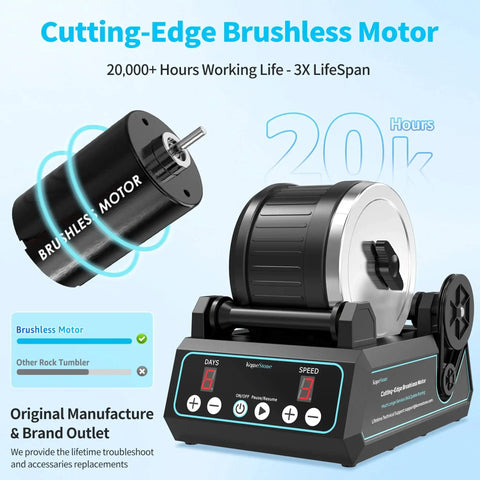 Pro Grade Brushless Rock Tumbler Polisher Kit With 2.5Lb Large Barrel, Three Speed Settings And 9 Day Timer displayed with motor